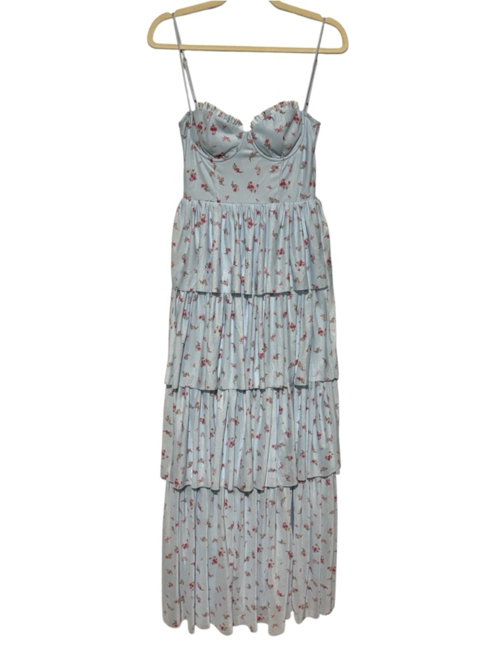Lucy in the Sky Tiered Maxi Dress Size M Light Blue Floral Corset Cottage Summer
